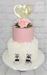 Pink wedding cake with ruffles two tier with dogs Tamworth West Midlands Staffordshire