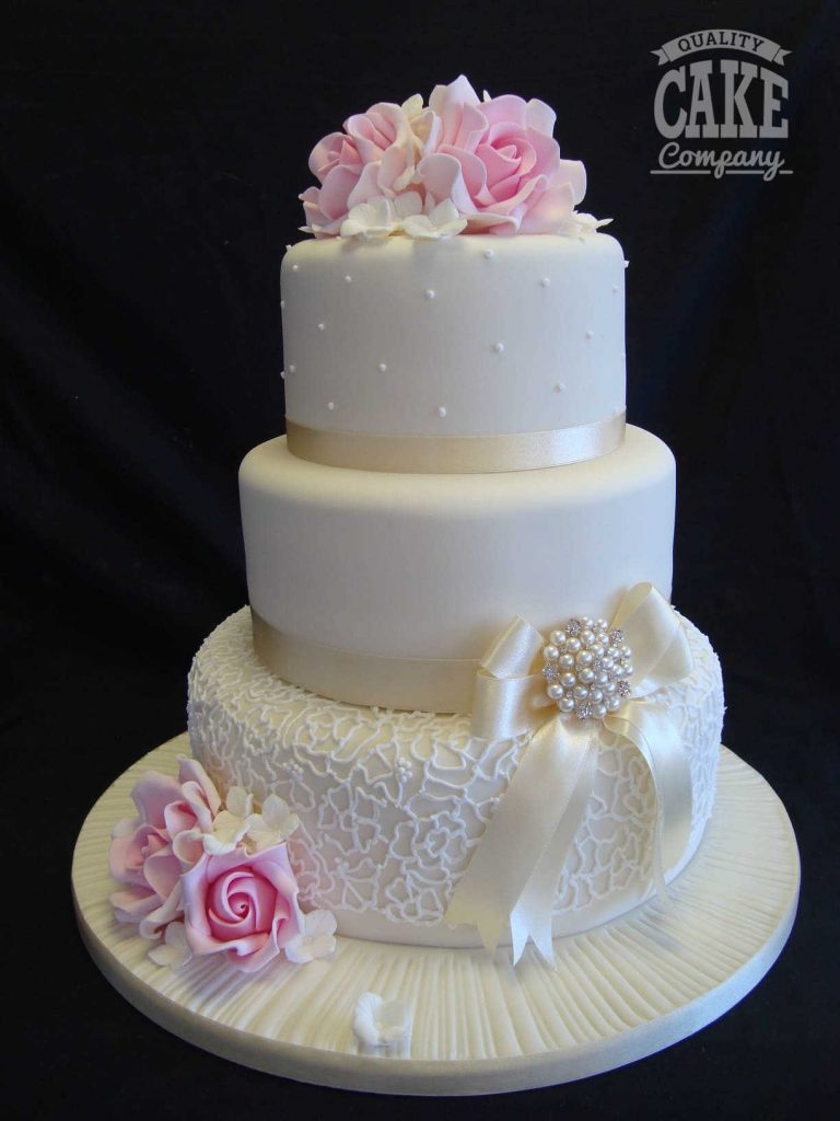 Piped lace and dots with bow wedding cake Tamworth West Midlands Staffordshire