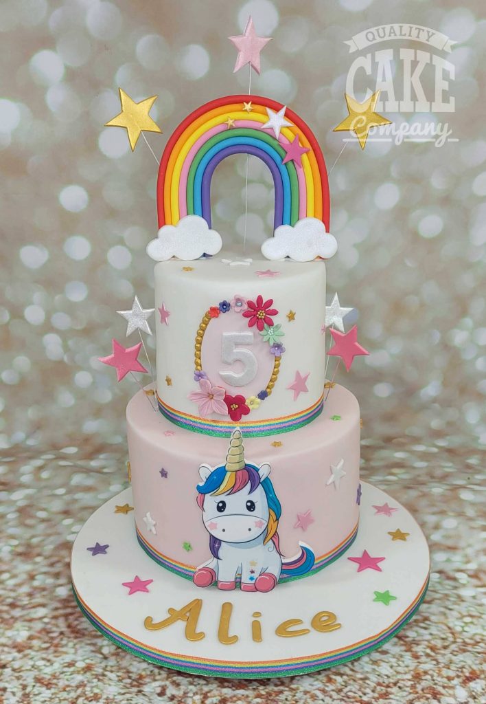 two tier cute rainbow unicorn 5th birthday cake tamworth