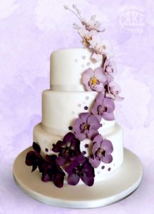 Purple and lilac orchis wedding cake cascade three tier Tamworth West Midlands Staffordshire