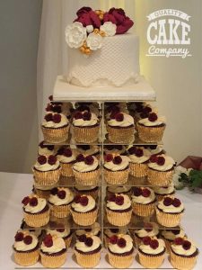Rich reds pretty single cake and cupcake tower, red roses wedding Tamworth West Midlands Staffordshire