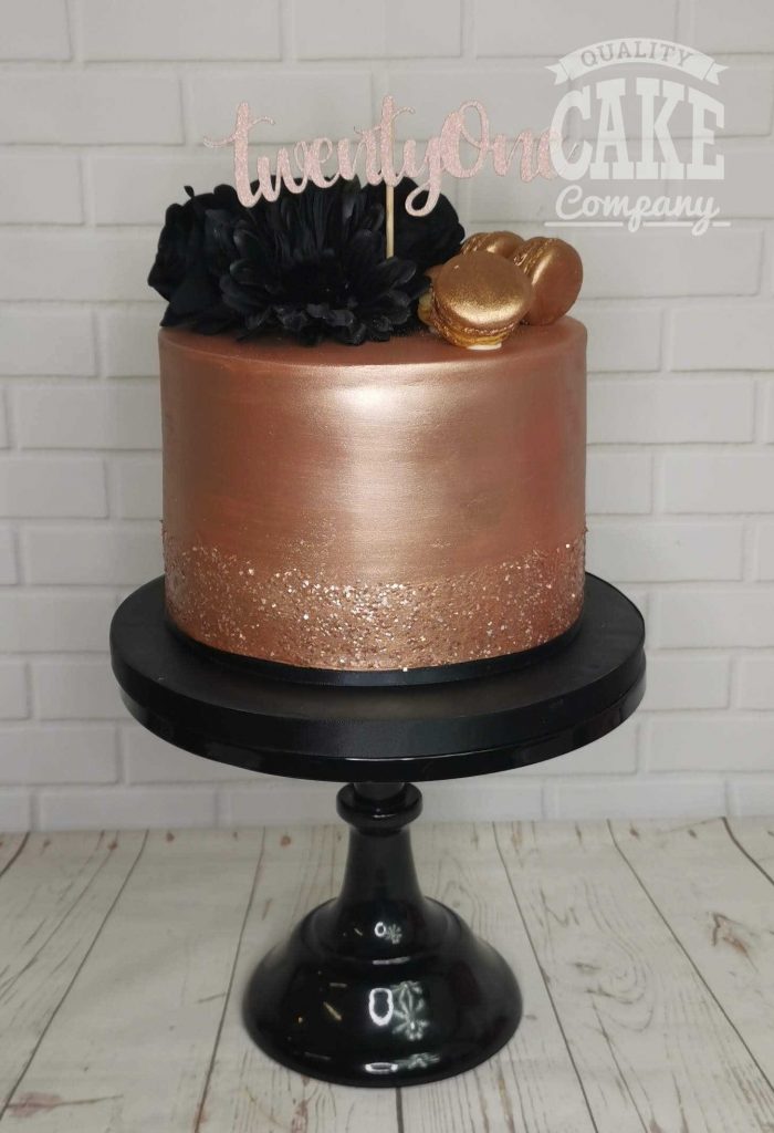 rose gold shimmer cake with black flowers - tamworth