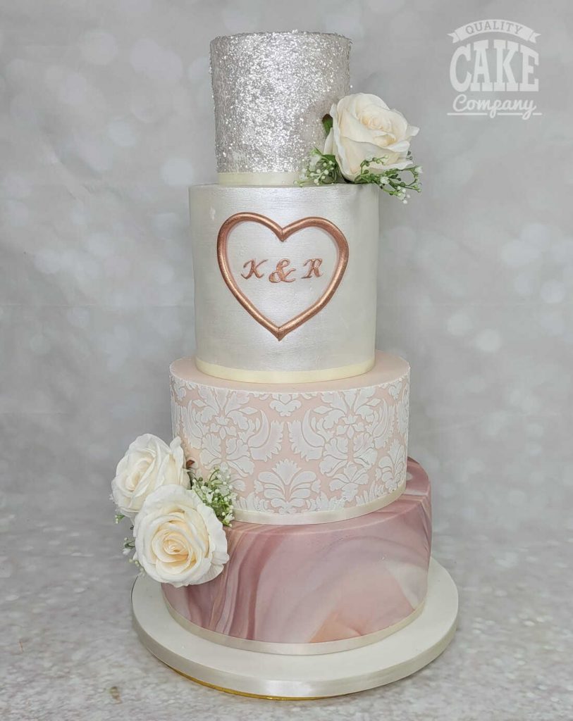 Rose gold and silver taupe mauve shimmer glitter stencil four-tier wedding cake Tamworth West Midlands Staffordshire