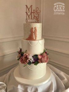 Rose gold band of flowers silhouette glitter piping wedding cake Tamworth West Midlands Staffordshire