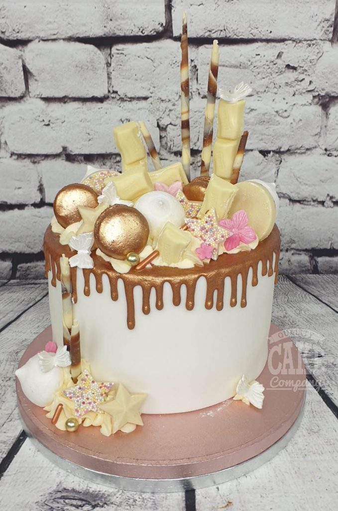 rose gold and white chocolate drip cake - Tamworth
