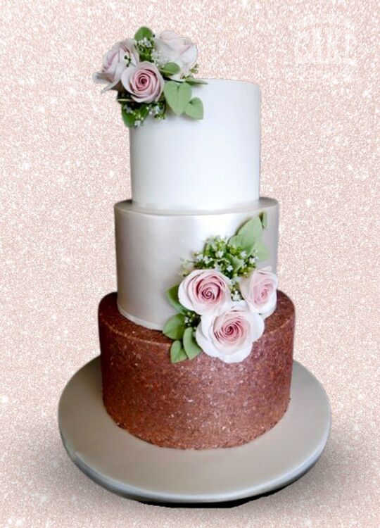 Rose gold glitter shimmer pink rose wedding three tier cake Tamworth West Midlands Staffordshire