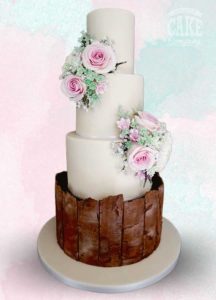 Soft pink and green floral poseys four tier wedding bark rustic cake Tamworth West Midlands Staffordshire