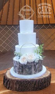 Rustic bark and white wedding cake with hoop and topper Thorpe Gardens Tamworth West Midlands Staffordshire