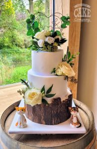 Rustic bark wedding cake with fresh flowers with cats Tamworth West Midlands Staffordshire