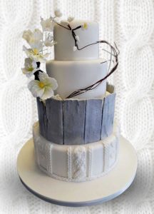 Grey bark and woollen knitted wedding cake wicker heart rustic winter wedding Tamworth West Midlands Staffordshire