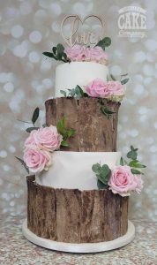 Rustic wood bark wedding cake four tier fresh blush roses Tamworth West Midlands Staffordshire