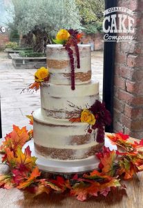 Semi naked wedding cake autumnal flowers three tier Tamworth West Midlands Staffordshire