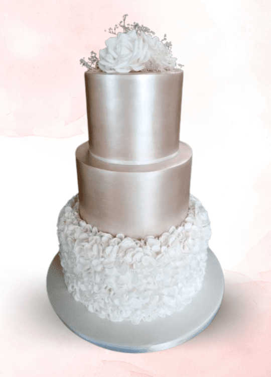 Shimmer champagne and ruffles wedding three tier cake Tamworth West Midlands Staffordshire