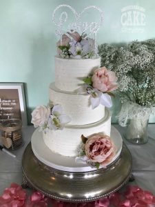 Silk flowers ribbed buttercream love glitter topper wedding cake Tamworth West Midlands Staffordshire