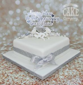 silver wedding anniversary square floral cake - Tamworth