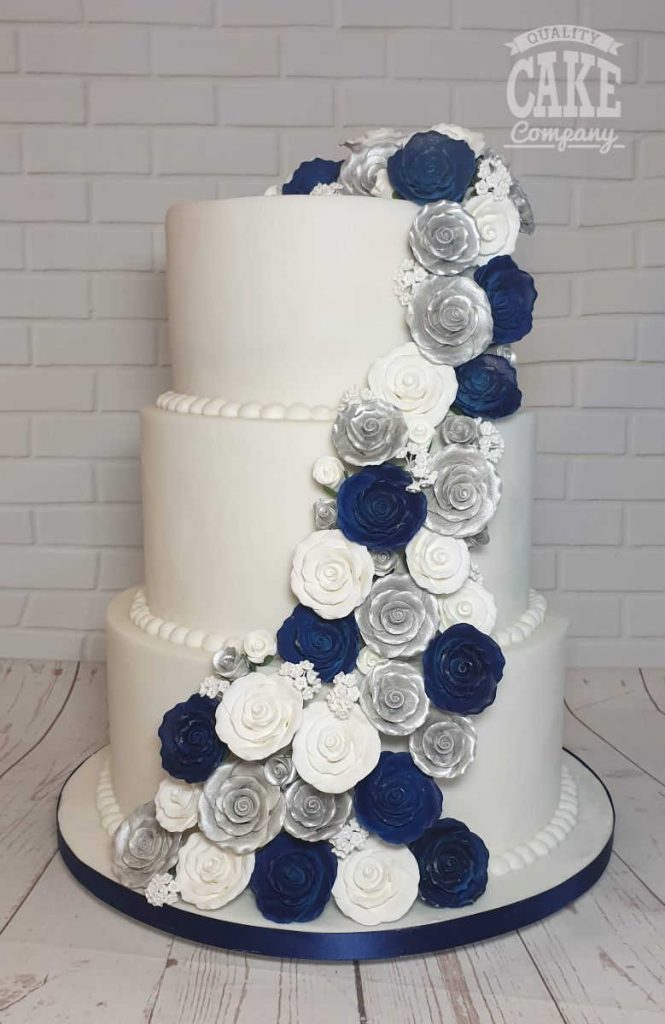 Silver white and navy blue roses cascade wedding three tier cake Tamworth West Midlands Staffordshire