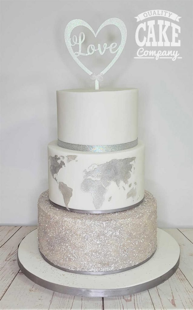 Silver world map wedding cake love topper Tamworth West Midlands Staffordshire