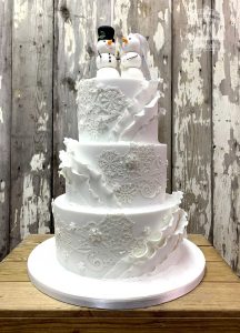 Snowflake cake lace and ruffle winter snowman wedding Tamworth West Midlands Staffordshire