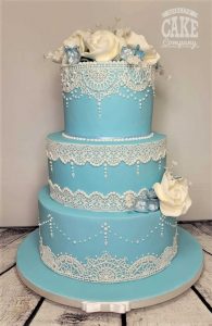 Soft blue and white lace wedding three tier cake Tamworth West Midlands Staffordshire