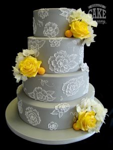 Soft grey and yellow brushed embroidery four tier wedding cake Tamworth West Midlands Staffordshire