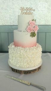 Soft pink and white ruffle wedding sugar roses with wooden topper log slice Tamworth West Midlands Staffordshire