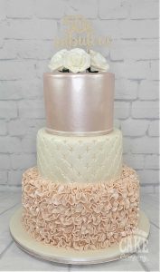 three tier soft champagne gold shimmer ruffle 50th birthday cake - tamworth