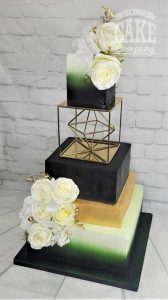 Spacer deep green and gold ombre finish square wedding cake four tier side view Tamworth West Midlands Staffordshire