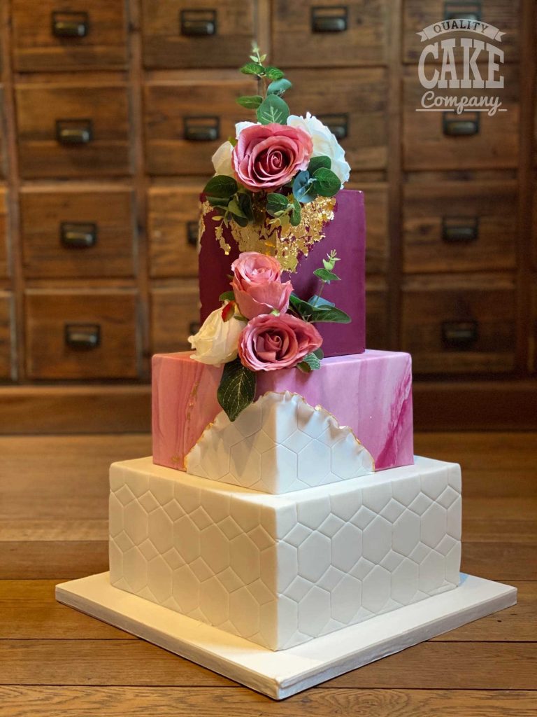 Square wedding geometric cake pink and red marble gold leaf Tamworth West Midlands Staffordshire