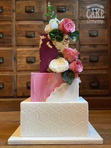 Square wedding geometric cake pink and red marble gold leaf peel back Tamworth West Midlands Staffordshire