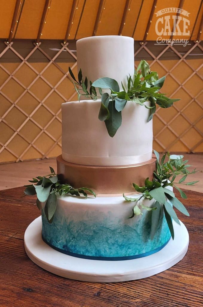 Teal and copper wedding eucalyptus watercolour cake Tamworth West Midlands Staffordshire