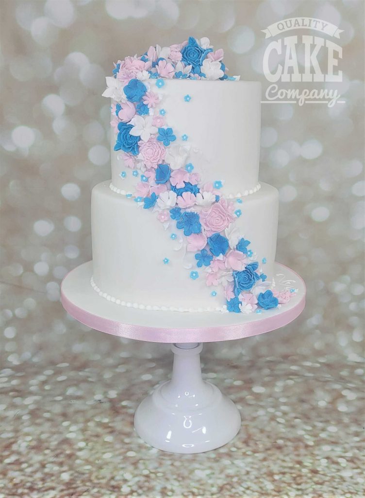 two tier teal and pink floral cascade simple wedding or birthday cake - Tamworth west midlands
