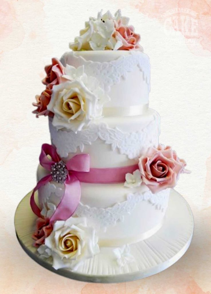 Lace applicque wedding 3 tier peach and ivory roses three tier wedding Tamworth West Midlands Staffordshire