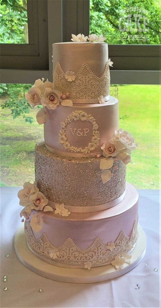 Glitter, flowers, stencil, lace shimmer roses in soft pink and taupe wedding cake four tier Tamworth West Midlands Staffordshire