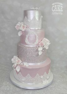 Glitter, flowers, stencil, lace shimmer roses in soft pink and taupe wedding cake four tier Tamworth West Midlands Staffordshire