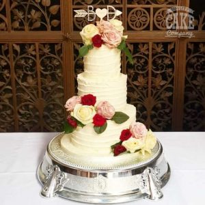Thee tier ribbed buttercream wedding pink white burgundy roses Tamworth West Midlands Staffordshire