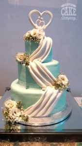 Three Tier Swag Wedding Cake mint green with lace pearls and roses Tamworth West Midlands Staffordshire
