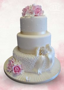 Three tier piped lace brooch and bow pink floral wedding Tamworth West Midlands Staffordshire