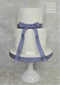 Lace and stripe ribbon wedding cake two tier Tamworth West Midlands Staffordshire