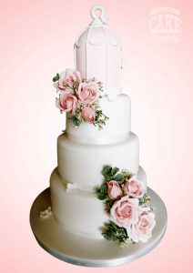 Pink bird cage wedding cake soft white classic pink roses Tamworth West Midlands Staffordshire
