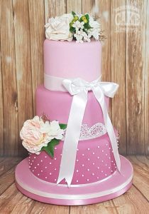Pink shades wedding cake lace and dots three tier Tamworth West Midlands Staffordshire