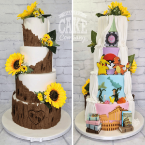 four tier bark reveal wedding cake with different interests at the back