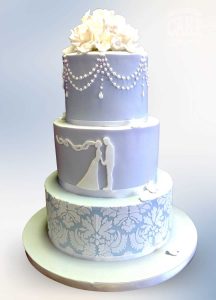 Wedgewood blue white stencil piped pearl drops three tier wedding Tamworth West Midlands Staffordshire