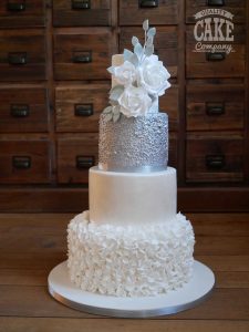 White and silver ruffles and glitter tall four tier wedding Tamworth West Midlands Staffordshire