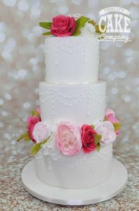 White three tier wedding cake floral ring in pink white piping Tamworth West Midlands Staffordshire