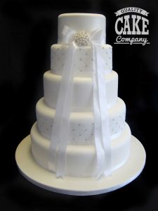 White wedding cake with quilting and long ribbons five tier Tamworth Staffordshire West Midlands