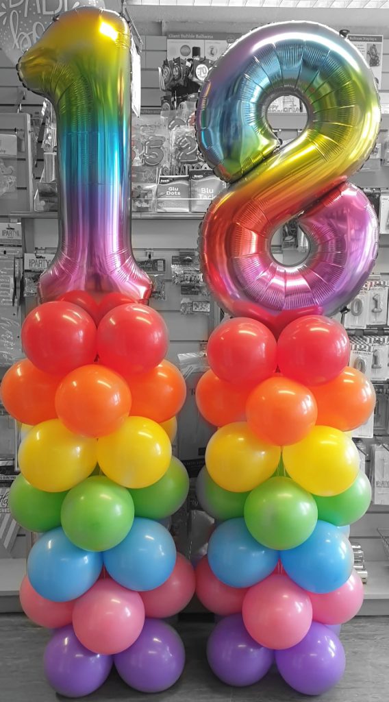 18th birthday rainbow balloon columns - Tamworth
