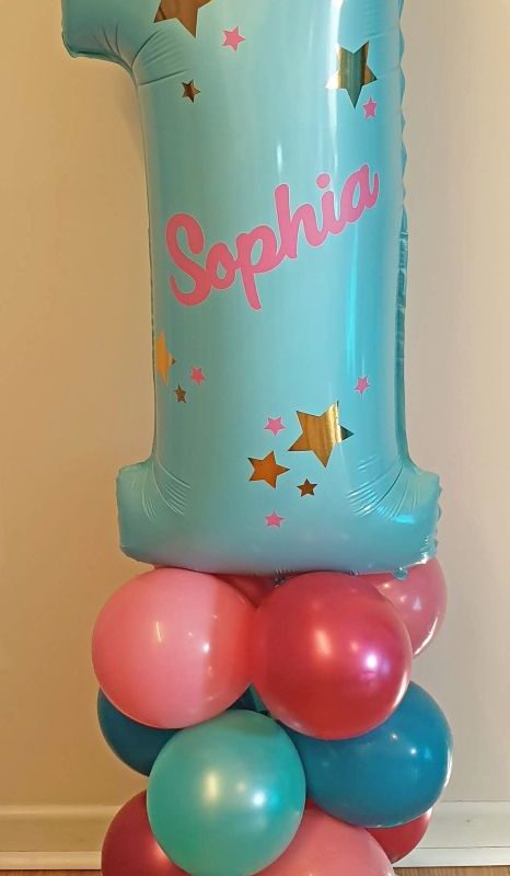 pastel blue bright children's first birthday balloon column - Tamworth