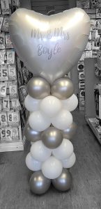 silver and white personalised wedding balloon column - Tamworth