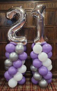21st birthday lilac and silver balloon columns stacks - Tamworth