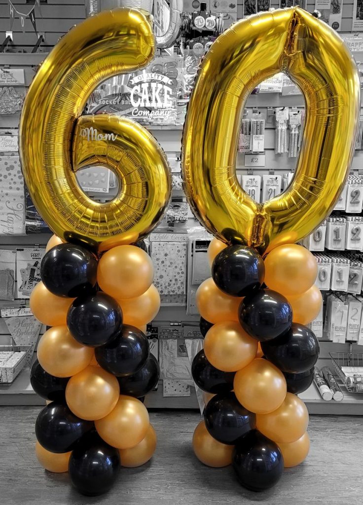 60th birthday black and gold balloon column stacks - Tamworth